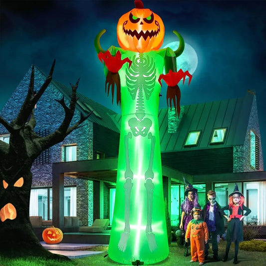 12FT Halloween Inflatable with LED Light, Giant Pumpkin Halloween Outdoor Decoration Scary Pumpkin Skeleton Blow up Inflatable