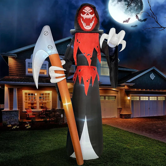 12 ft Tall Giant Scary Halloween Inflatable Grim Reaper with Scythe, Blow Up Reaper with Build-in LEDs